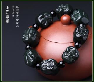 7000年和田玉青玉佛头手链男款双面工雕笑佛罗汉手串